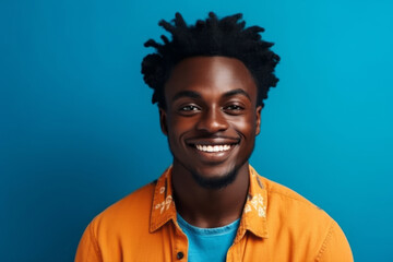 Cheerful Young african man with Afro Hairstyle Smiling Against Blue Background
