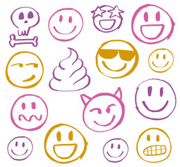Emoji collection vetor illustration. Thee colors. Happy, angry, confused, smile, skull face. Different expressions. Pattern design, background, backdrop. Hand draw, marker pen.