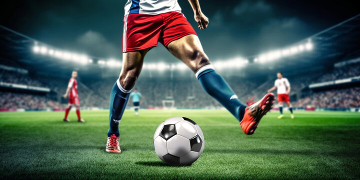 Professional soccer players or soccer player in action at the stadium with flashlights hitting the ball for the winning goal, wide angle. The concept of sport, competition, movement, overcoming.