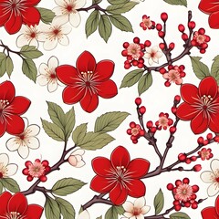 vintage seamless pattern of flowers and Vintage seamless pattern of flowers and Red Plum blossoms. Use for wallpapers, backgrounds, packaging design, or web design. Generative AI.