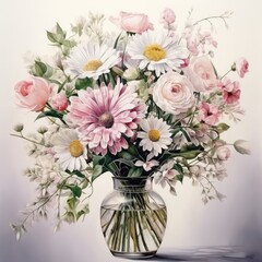 pastel colored watercolor flowers bouquet, AI Generated