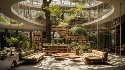 environmentally friendly greenhouse space. indor trees on pot.