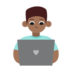 Teenage african-american boy using laptop computer, learning, tutorial and entertainment, cartoon style. Trendy modern vector illustration isolated on white, hand drawn, flat design