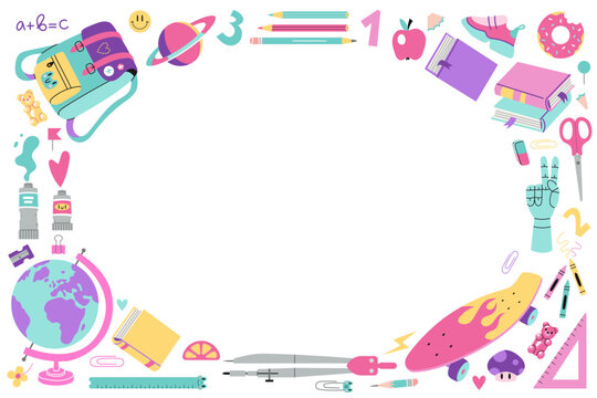 Back to school horizontal banner, round frame with cute stationery and art supplies, cartoon style. Bright pastel color. Trendy modern vector illustration isolated on white background, flat design