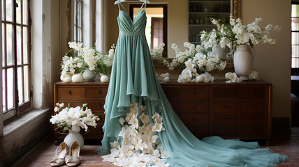 Beautiful turquoise wedding dress with white flowers in a vintage setting