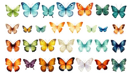 Fototapeta premium set of watercolor butterflies isolated on white, AI Generated