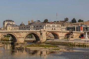 National Theatre, Museum of the Macedonian Struggle and the Stone bridge in Skopje, North Macedonia