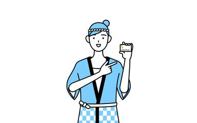 クレジット決済を勧める夏祭りの法被を着た女性