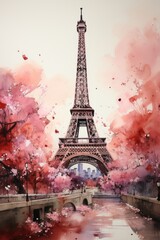 Fototapeta na wymiar Watercolor Eiffel Tower and cherry blossom trees. Spring in Paris. Generative AI