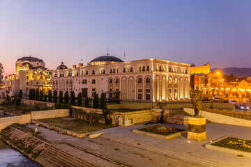 National Theatre and the Museum of the Macedonian Struggle in Skopje, North Macedonia - obrazy, fototapety, plakaty