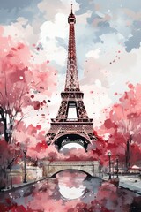 Watercolor Eiffel Tower and cherry blossom trees. Spring in Paris. Generative AI