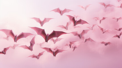 A flock of flying pink bats in pink mist. Generative AI.