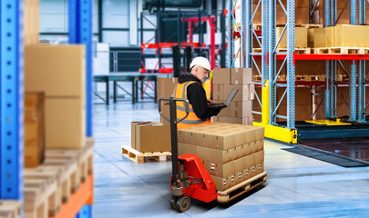 Factory warehouse. Man storekeeper near boxes. Pallet jack with parcels. Industrial warehouse interior. Factory storage area. Warehouse manager with laptop. Hangar with shelving for long-term storage