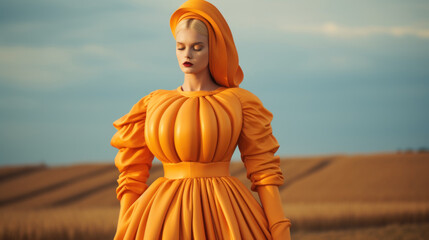 Sunlit beautiful woman, dressed in a stylish orange leather dress, standing amidst a wheat field before harvest. Generative AI.