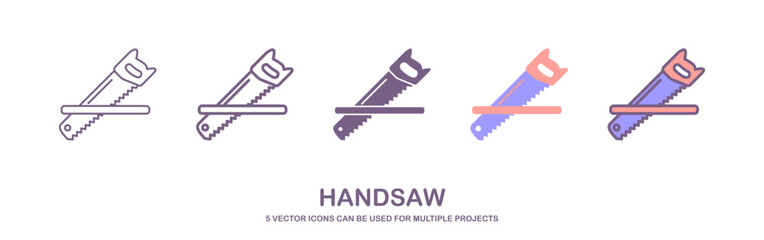 Vector set of realistic hacksaw icons. Saw for garden. handsaw illustration, metal, wood and aerated concrete. vector illustration