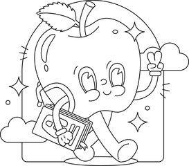 Vector coloring page traditional cartoon illustration cute happy apple with backpack