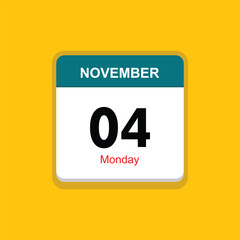monday 04 november icon with yellow background, calender icon