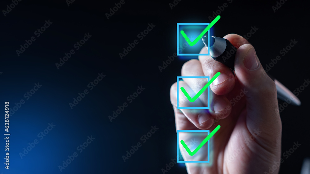Wall mural digital checkbox. man's hand puts ticks. checkbox on invisible screen. concept planning. checkbox fo