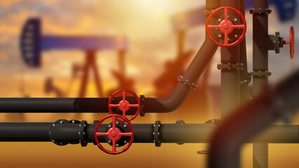 Oil pipes at sunset. Pipeline at field. Oil pumps are covered. Black pipes for transporting...