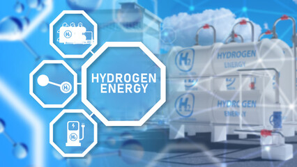 Hydrogen energy. Eco friendly fuel. Hydrogen gas tanks. Innovative fuel technologies. Hydrogen filling station. H2 gas for refusing gasoline. Environmentally friendly energy resources. 3d image