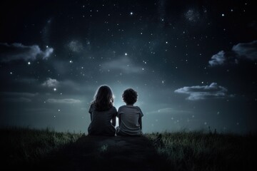 Boy and girl are sitting under the moonlight and starry sky. Romantic silhouette of loving couple. View from the back. Valentines day background.