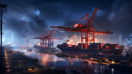 a mesmerizing night view of a sea cargo port, with containers illuminated by the soft glow of lights as they're loaded onto ships Generative AI