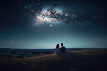 Naklejka na ściany i meble Boy and girl are sitting under the moonlight and starry sky. Romantic silhouette of loving couple. View from the back. Valentines day background.