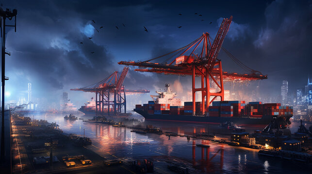 a mesmerizing night view of a sea cargo port, with containers illuminated by the soft glow of lights as they're loaded onto ships Generative AI