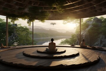 Concept of relaxation in meditation retreats in the middle of serene and peaceful natural landscapes, seeking inner harmony and balance, Generative AI