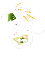 Child face from thread and vegetables isolated on white