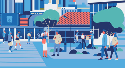 People walking along city street. Modern urban lifestyle scene with pedestrians, citizens going on sidewalks and buildings. Cityscape monochrome