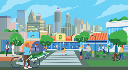 People walking along city street. Modern urban lifestyle scene with pedestrians, citizens going on sidewalks and buildings. Cityscape panorama © yisar