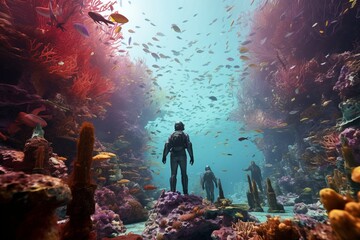 Photograph of people diving in colorful and preserved coral reefs, exploring the beauty and importance of marine ecosystems, Generative AI