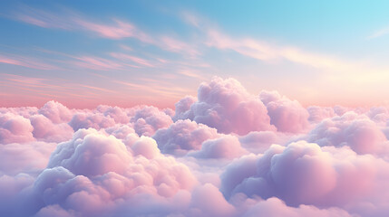 Beautiful aerial view above pink clouds at sunset in barbie world. 3d rendering illustration