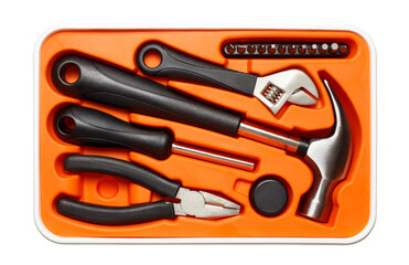 Orange open toolbox with new tools, cut out