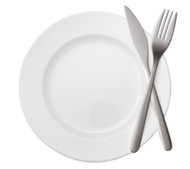Fork and knife crossed on white plate, cut out