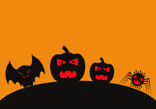Halloween background with scary pumpkins, bat, spiders and monsters. Vector drawing and clipart.