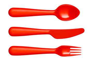 Red plastic spoon, knife and fork, cut out