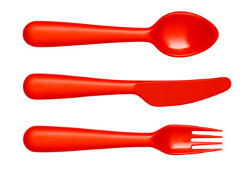 Red plastic spoon, knife and fork, cut out