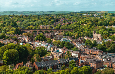 Fototapeta na wymiar The aerial view of the Durham viaduct and the town center of the Durham from the top of the Durham Cathedral
