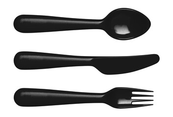 Black plastic spoon, knife and fork, cut out
