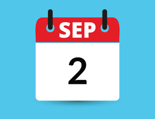 September 2. Flat icon calendar isolated on blue background. Date and month vector illustration