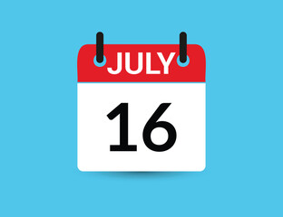 July 16. Flat icon calendar isolated on blue background. Date and month vector illustration