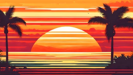 Poster Retro vintage sunset beach background clipart vector illustration, Invoking Nostalgia, Serenity, and Summer Vibes concept, Ai generated © FlashFocus98