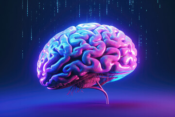 A creative image of a glowing neon brain in pink, blue and purple colors on a dark blue background in 3d style with luminous lines in the background symbolizing arrays of information and databases