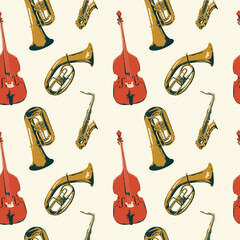 seamless background pattern with different wind and string musical instruments on theme of jazz music. Trumpets, saxophone and double bass. suitable for wallpaper, wrapping paper.