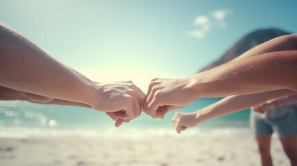 Group of people on beach fist bump close up shot showing friendship, happy and respect