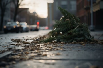 A Christmas tree left on a curb. Generative AI