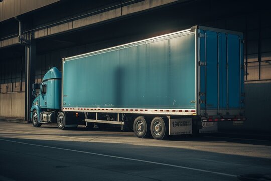 Blue semi truck with open door semi trailer parked at industrial area awaiting next delivery. Generative AI