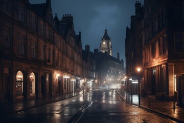 Fototapeta na wymiar Nightly view of Victoria Street in Edinburgh. Generative AI